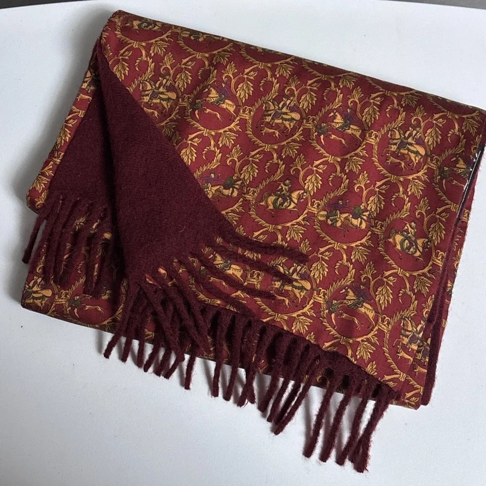Salvatore Farragamo Silk Cashmere Winter Scarf Mens Red Gold Italy Equestrian